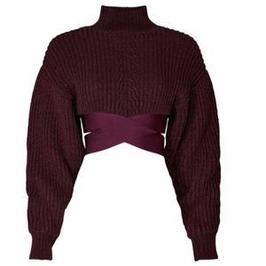 Herve Leger Paris Red Chunky Knit Crop Top in Maroon sz XS